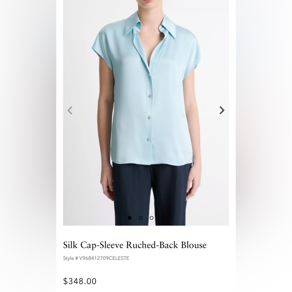 NWT Vince Silk Cap-Sleeve Ruched-Back Blouse light blue size medium